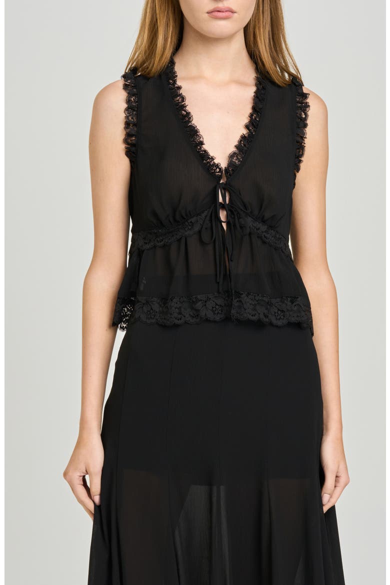 Norah Lace Trim Tie Front Top, Alternate, color, BLACK