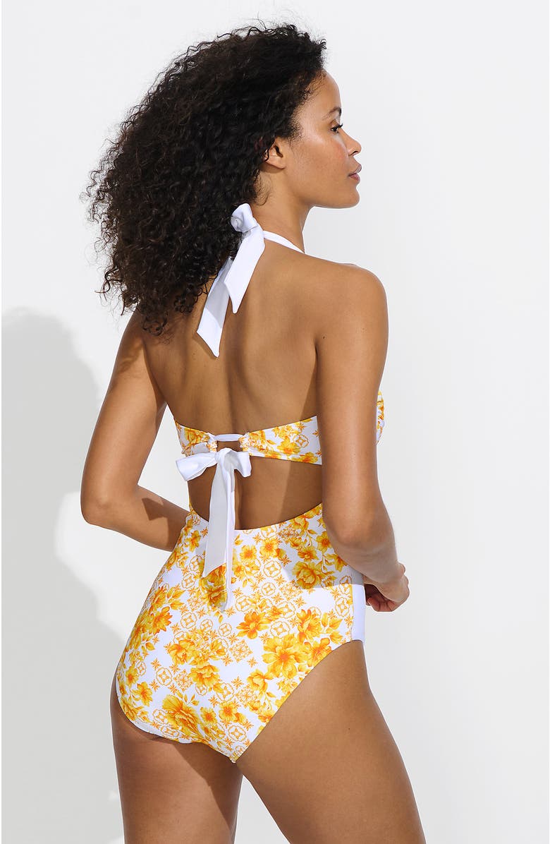 Lands' End Halter Cut Out High Leg One Piece Swimsuit, Alternate, color, Yellow Mosaic Floral/White
