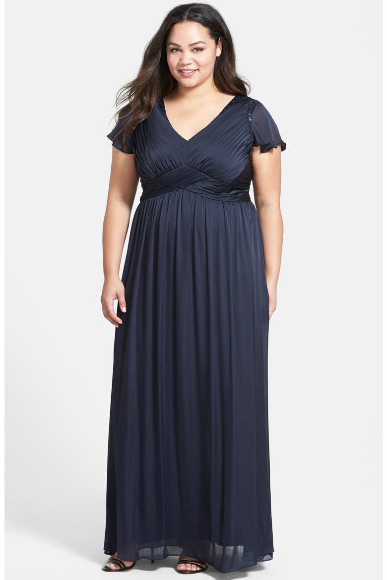 Beaded Shoulder Pleat Chiffon Gown, Main, color, INK