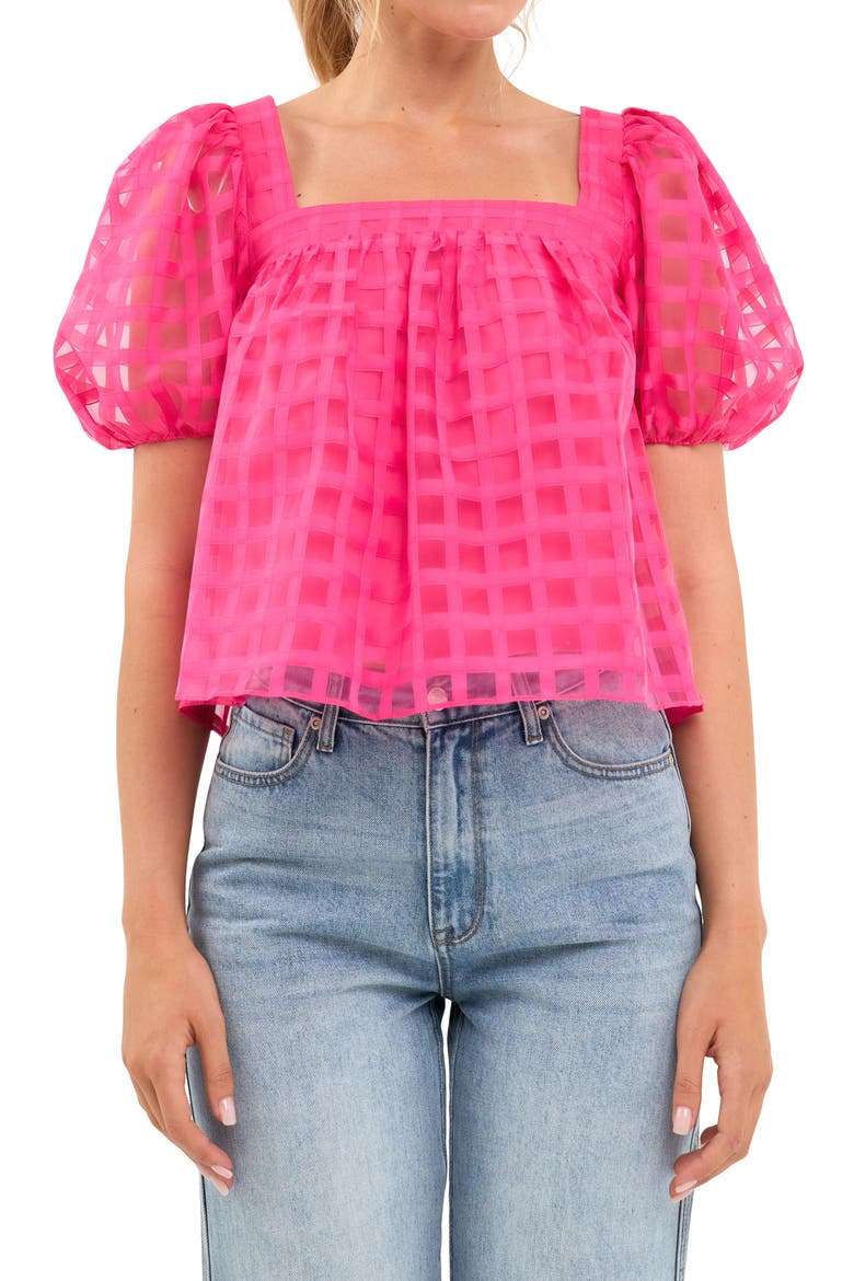 Grid Pattern Puff Sleeve Organza Top, Main, color, FUCHSIA