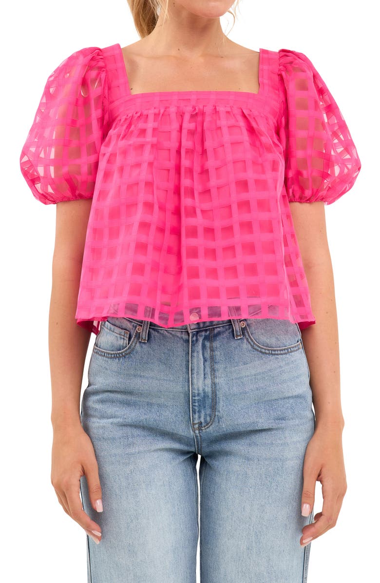 English Factory Grid Pattern Puff Sleeve Organza Top, Main, color, Fuchsia