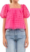 English Factory Grid Pattern Puff Sleeve Organza Top