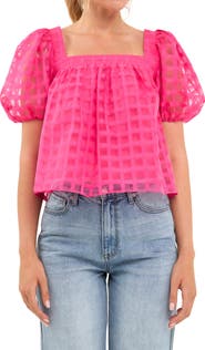 English Factory Grid Pattern Puff Sleeve Organza Top