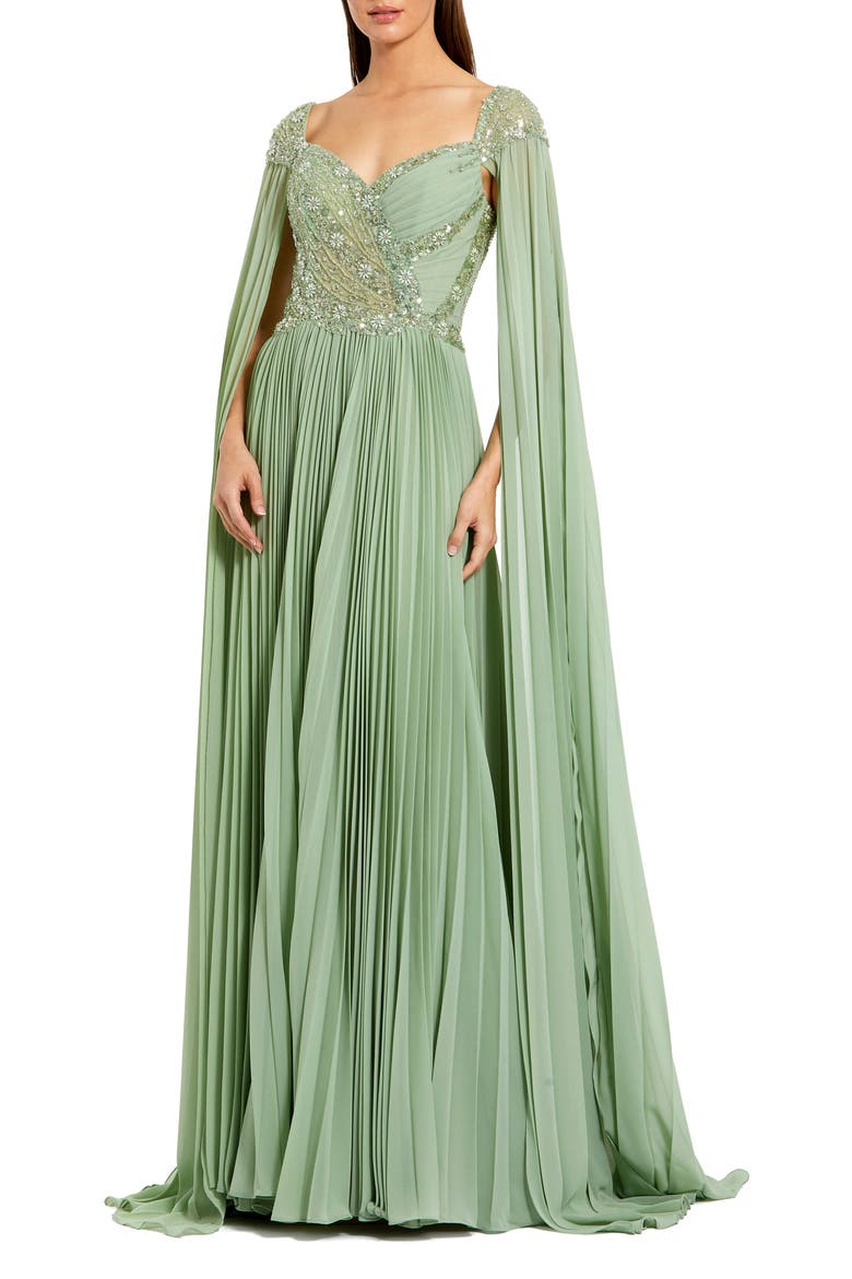 Cape Sleeve Pleated Charmeuse Beaded Gown, Main, color, Sage