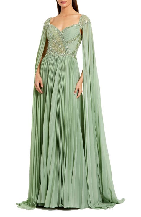 Cape Sleeve Pleated Charmeuse Beaded Gown