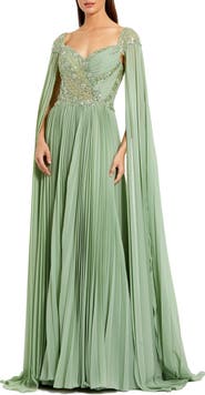 Mac Duggal Cape Sleeve Pleated Charmeuse Beaded Gown