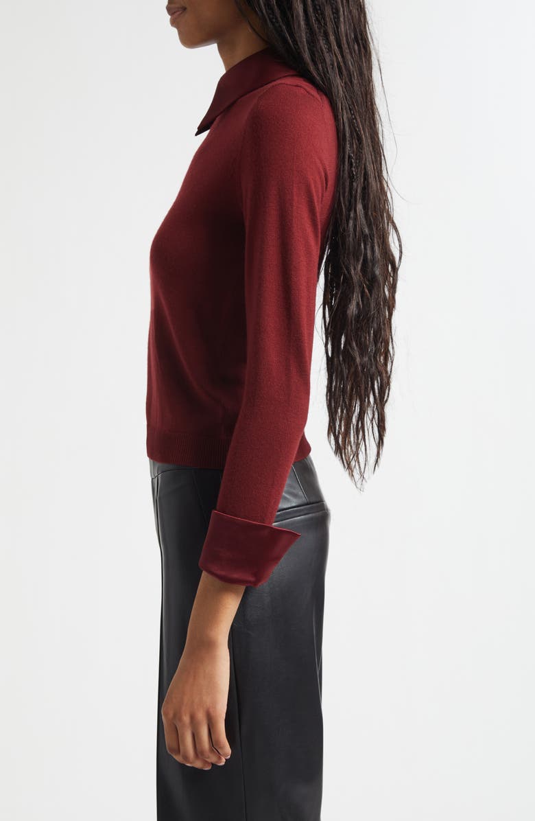 Alice + Olivia Porla Collared Mixed Media Silk Sweater, Alternate, color, Oxblood