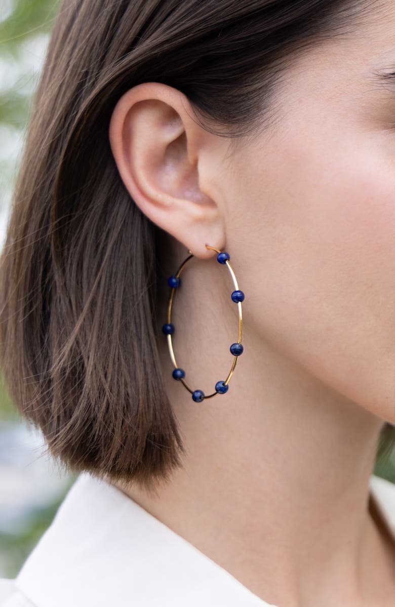 MARLYN SCHIFF Ball Hoop Earrings, Alternate, color, Gold Lapis