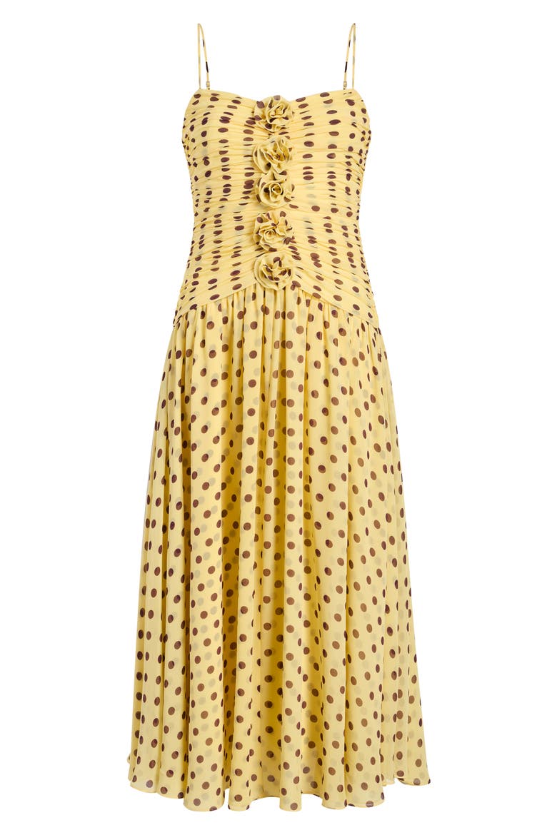 Camille Magda Ruched Polka Dot Floral Appliqué Dress, Alternate, color, LEMON PUFF/ DEEP PLUM