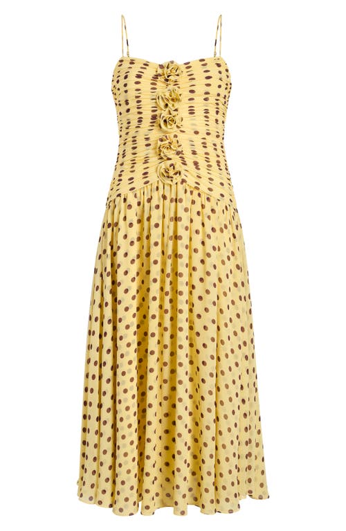 Cinq À Sept Camille Magda Ruched Polka Dot Floral Appliqué Dress In Yellow
