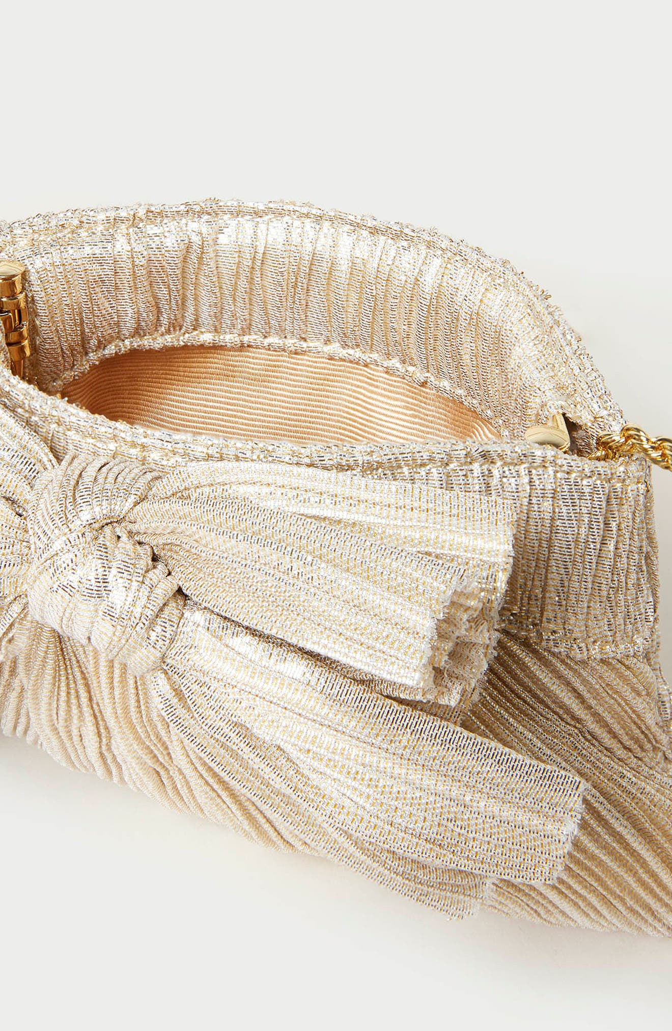 Rochelle Pleated Bow Clutch, Alternate, color, PLATINUM