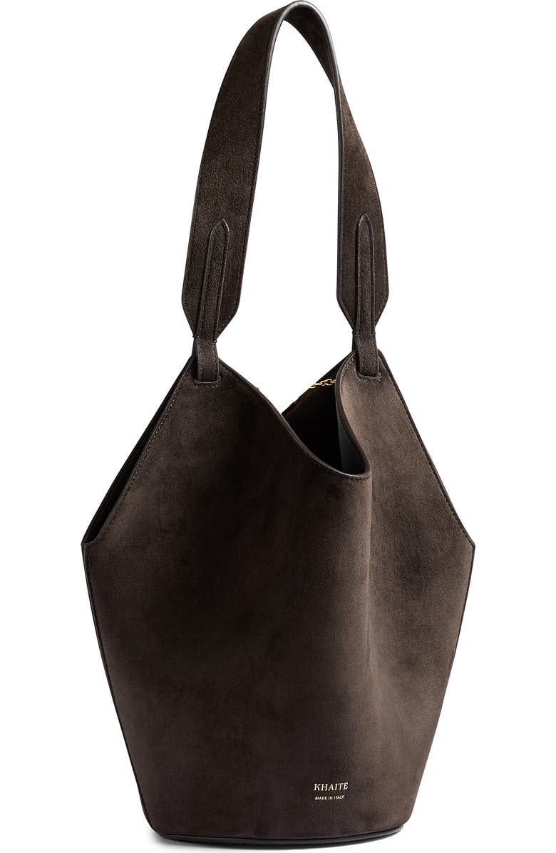 Khaite Mini Lotus Suede Top Handle Bag, Main, color, Dark Brown 950