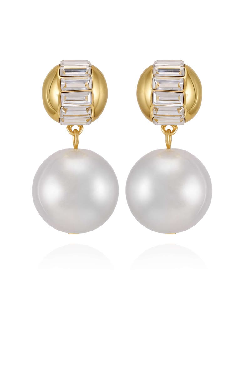 Pearl Drop Earrings with Baguette Accents, Main, color, 14K Gold Plated