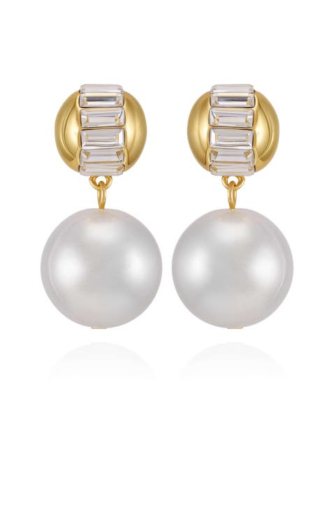 Pearl Drop Earrings with Baguette Accents