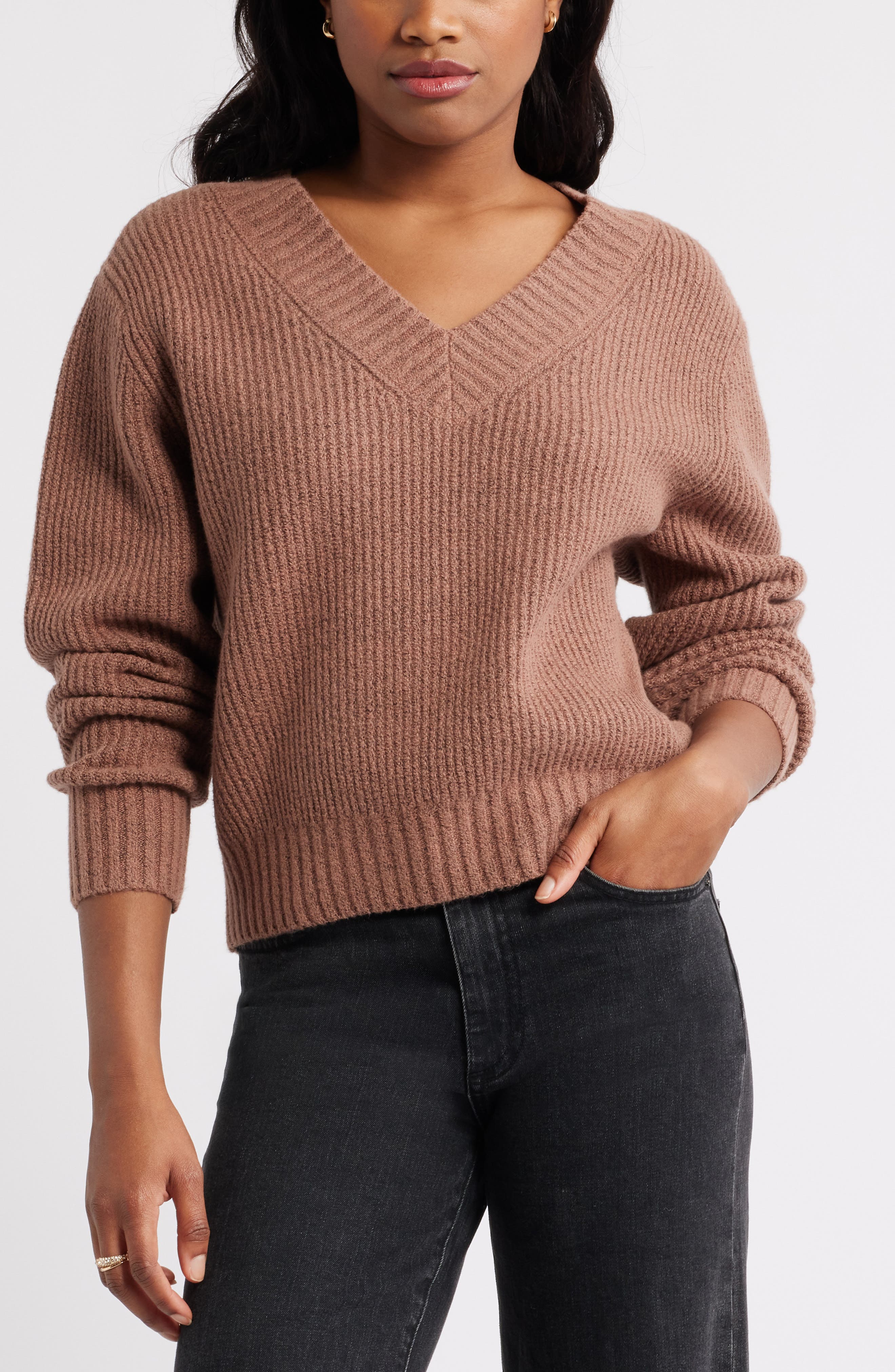 Open Edit Rib V-Neck Sweater