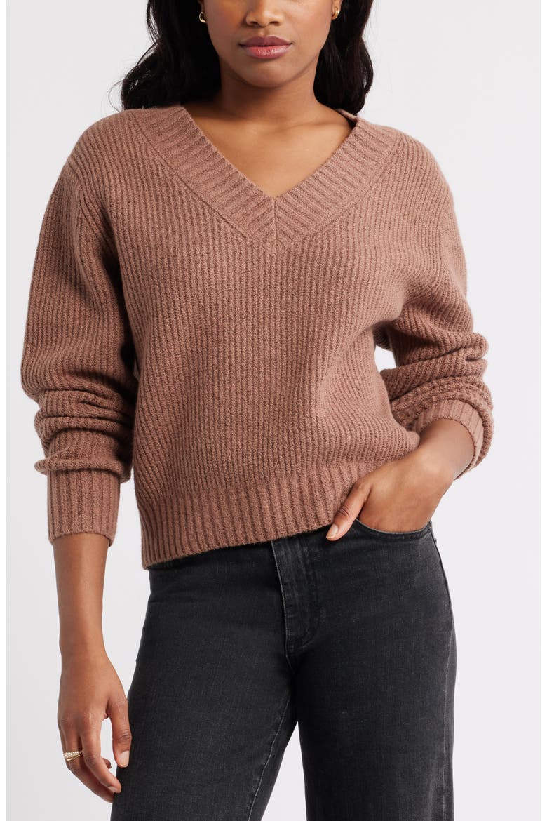 Rib V-Neck Sweater, Main, color, BROWN TOPAZ