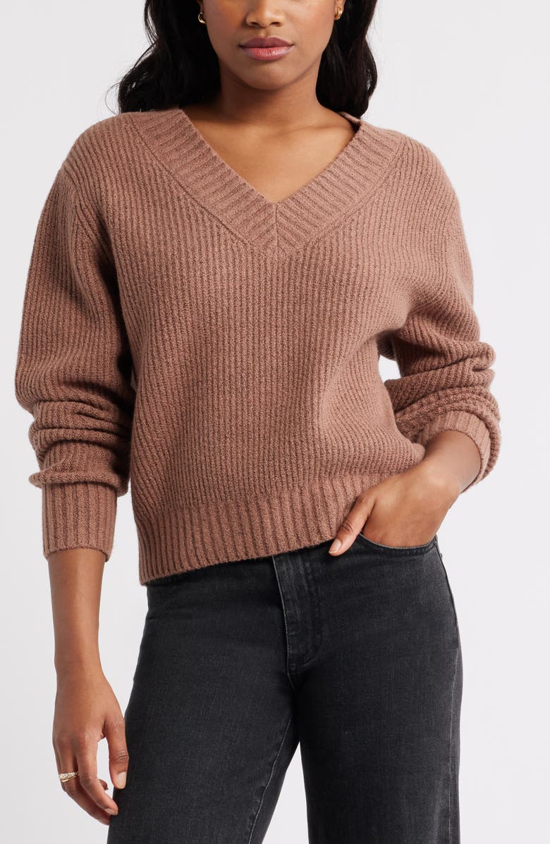 Open Edit Rib V-Neck Sweater, Main, color, Brown Topaz