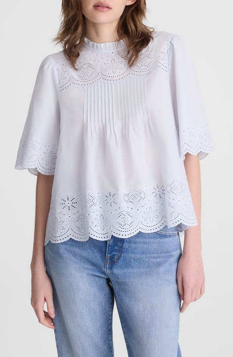 Embroidered Pintuck High Neck Cotton Voile Top