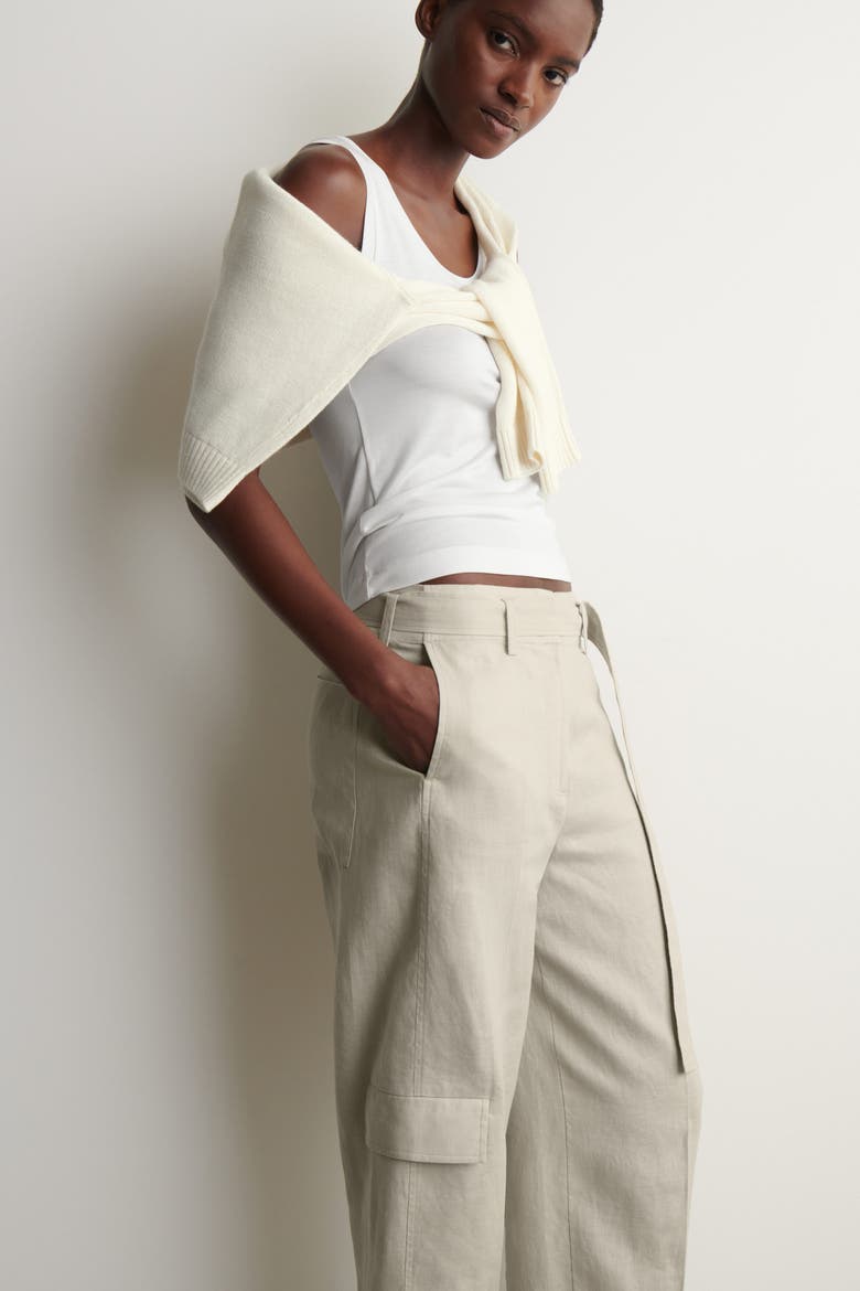 Belted Linen Barrel-Leg Pants, Alternate, color, BEIGE