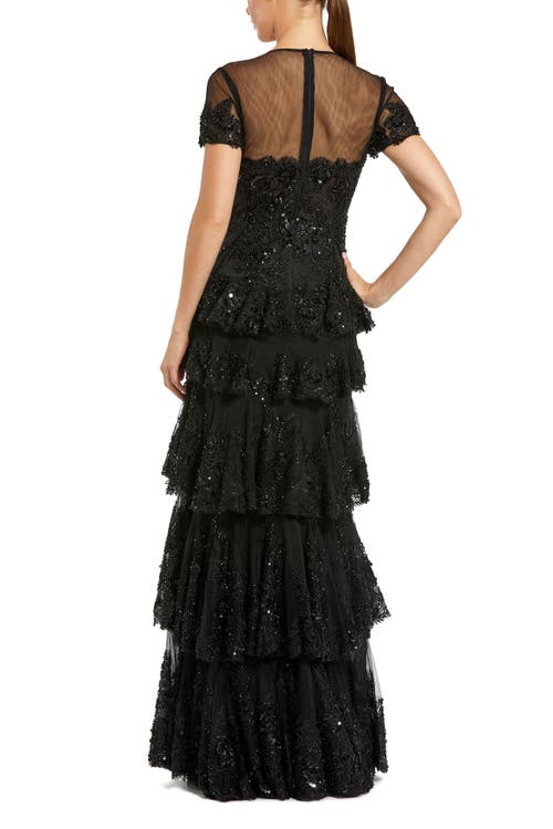Mac Duggal Short Sleeve Tiered Mesh Gown With Embellishments In Black