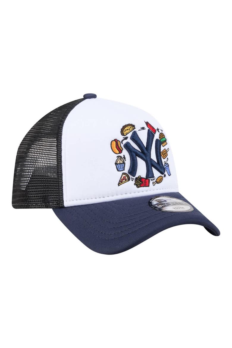 Youth New Era White/Navy New York Yankees Food A-Frame 9FORTY Trucker Adjustable Hat, Alternate, color, White