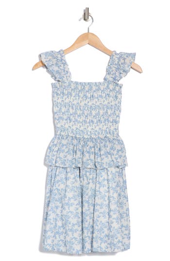 En Saison Ruffle Smocked Cotton Minidress In Ivory/blue Floral