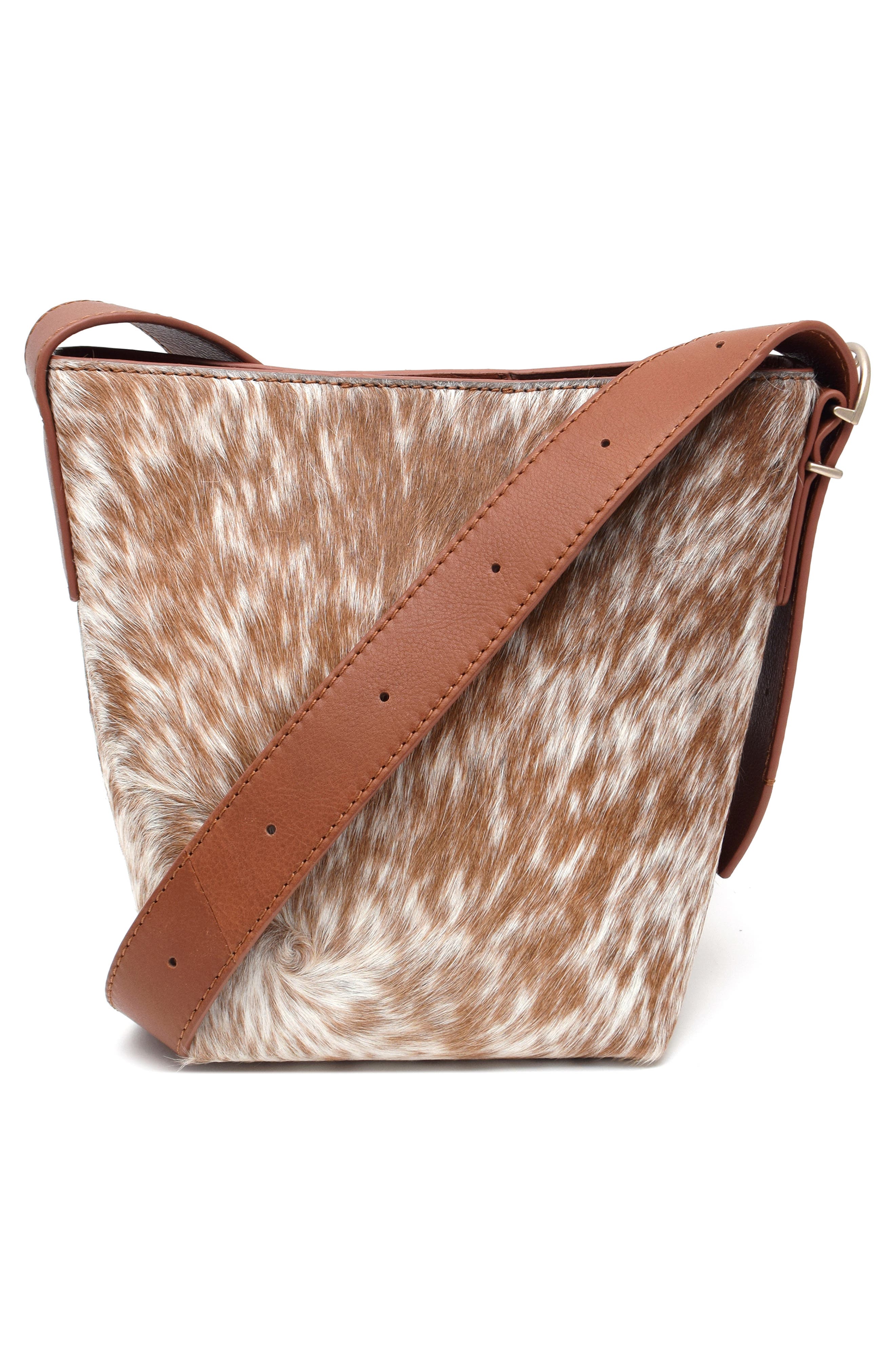 New Amsterdam Leatherworks Jayden Genuine Calf Hair Bucket Bag, Alternate, color, Chestnut/ Ivory