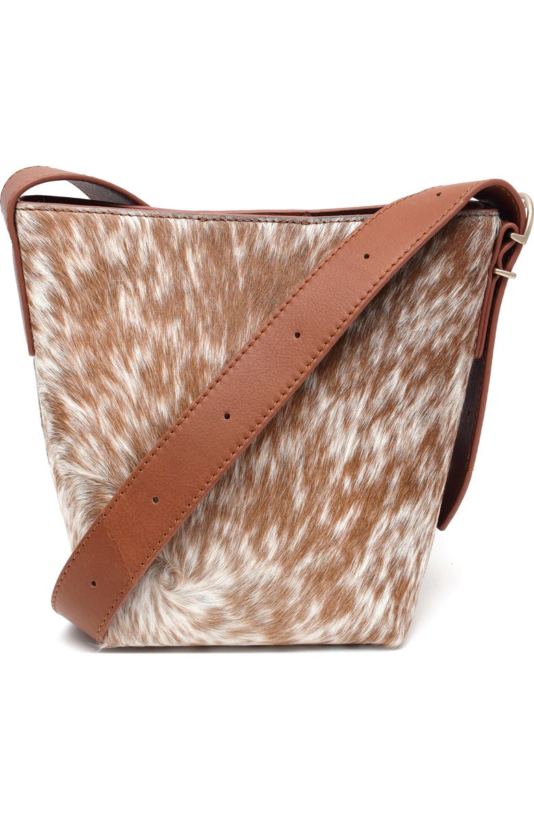 New Amsterdam Leatherworks Jayden Genuine Calf Hair Bucket Bag, Alternate, color, Chestnut/ Ivory