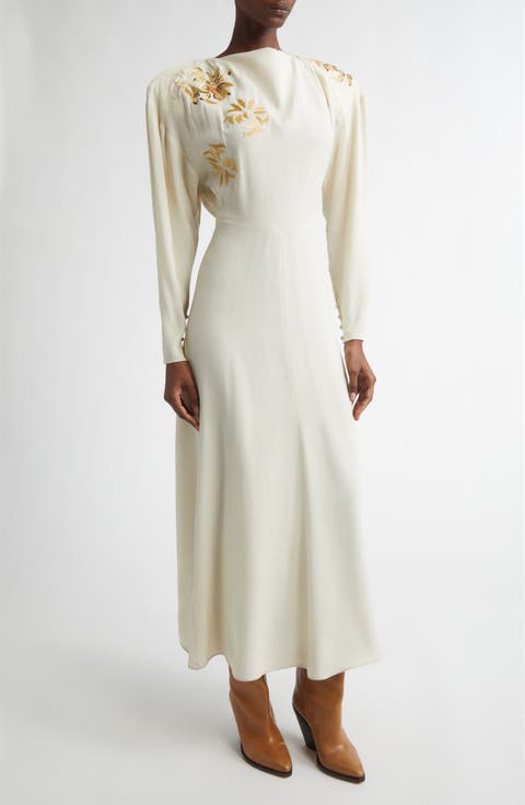 Samsha Long Sleeve Embellished Crepe Maxi Dress