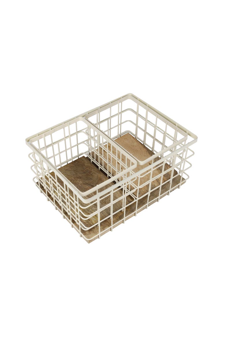 Evvie Vintage Farmhouse Handmade Wire Metal Nesting Storage Baskets with Wood Base, Alternate, color, Almond/Natural