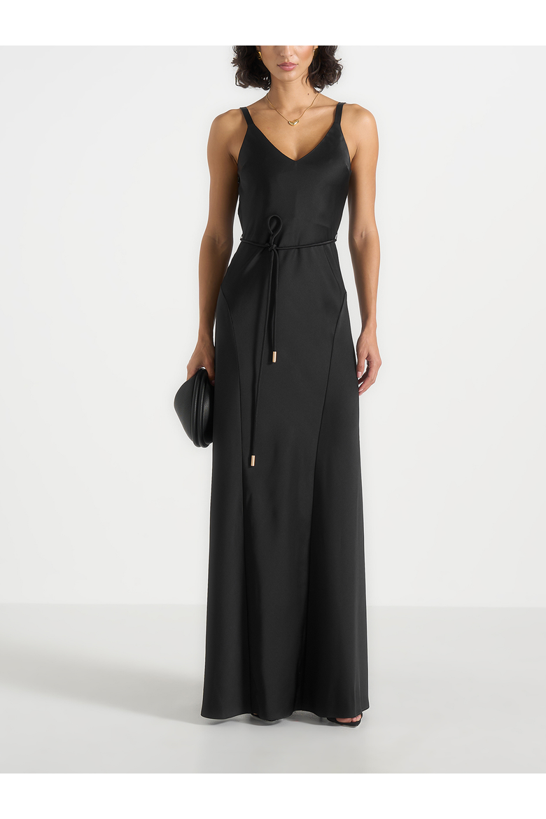 Saffron Satin Belted Maxi Dress, Main, color, Black