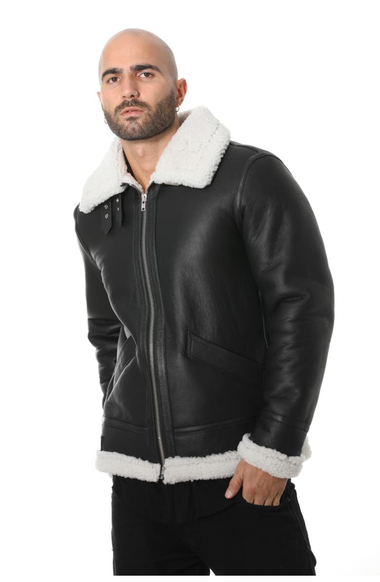 Furniq UK Frederick Leather Shearling Aviator Jacket, Main, color, Black