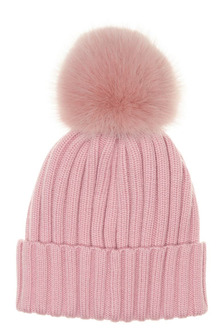 Virgin Wool Rib Beanie with Faux Fur Pompom, Alternate, color, SMOOTH ROSE