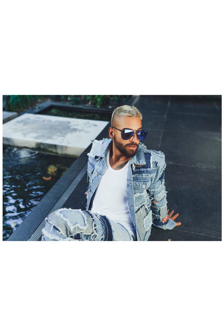 Australia x Maluma The Playa 56mm Aviator Sunglasses, Alternate, color, MATTE BLACK / COBALT MIRROR