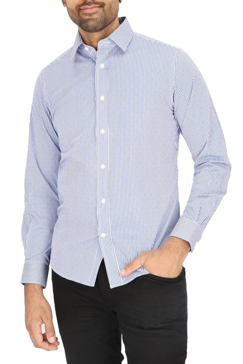 Modern Fit Stripe Stretch Cotton Dress Shirt, Main, color, WHITE/ NAVY
