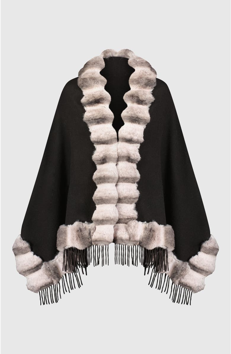 Lyla Grant Cashmere & Wool Blend Cape With Fur-Free Chinchilla (Faux Fur) Trim, Alternate, color, Black/Gray Chinch