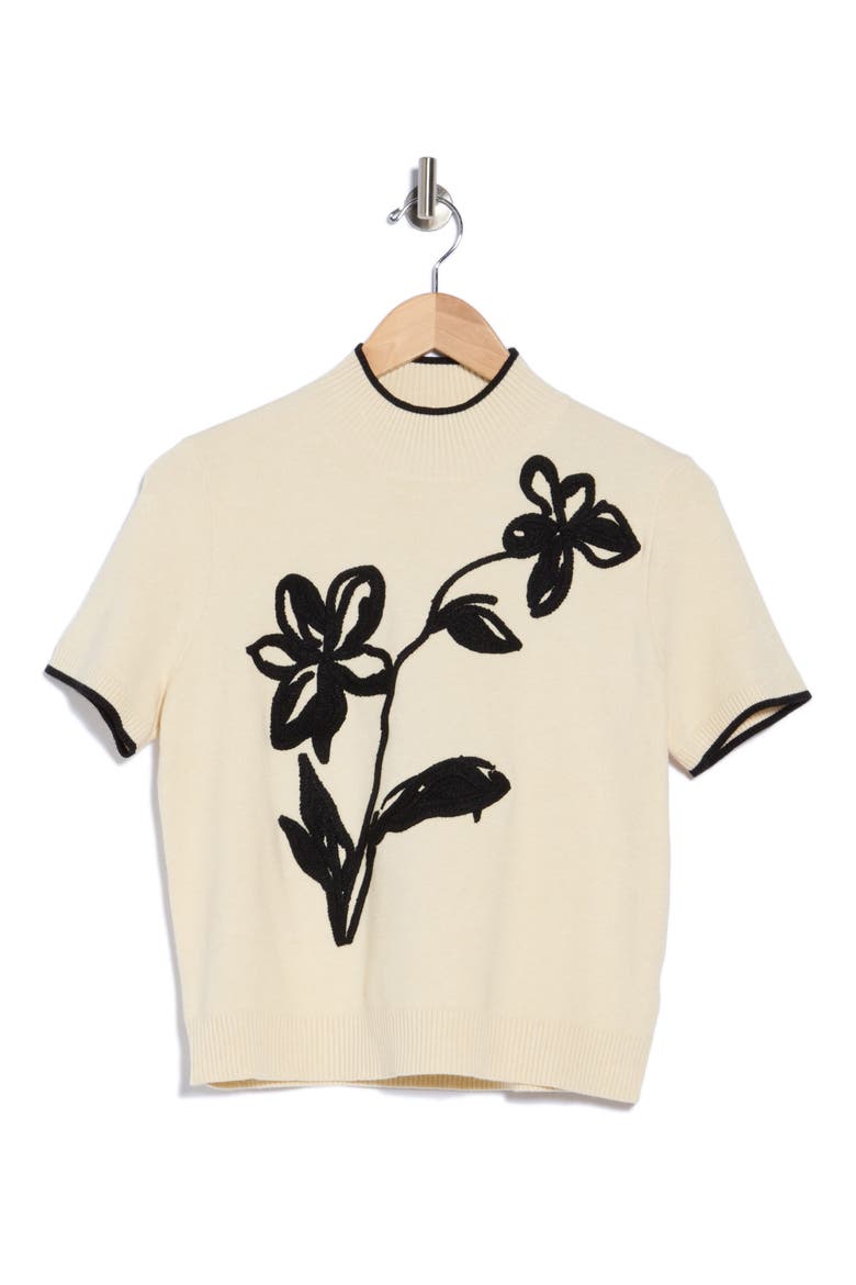 Floral Applique Mock Neck Short Sleeve Sweater, Main, color, CREAM/ BLACK
