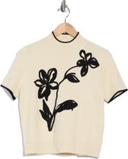 Adrianna Papell Floral Applique Mock Neck Short Sleeve Sweater