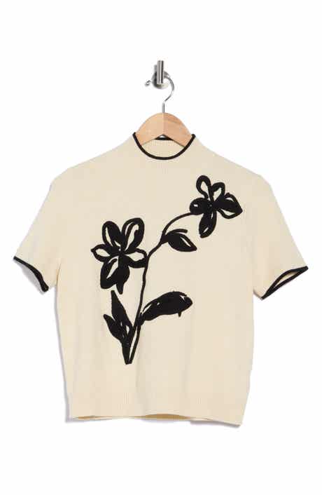 Floral Applique Mock Neck Short Sleeve Sweater