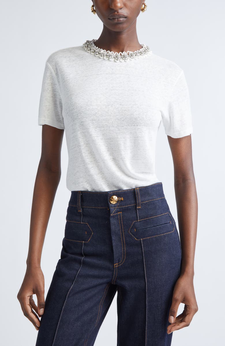 Zimmermann Crystal Embellished Linen T-Shirt, Main, color, Ivory