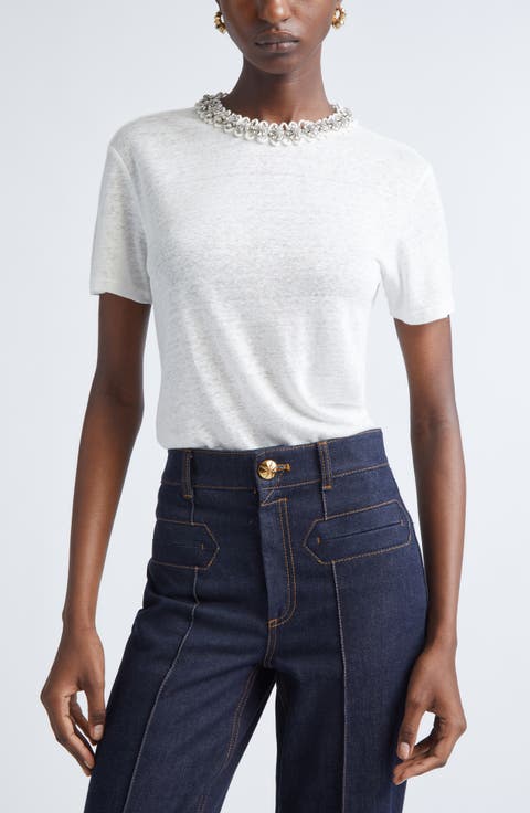 Crystal Embellished Linen T-Shirt (Regular & Petite)