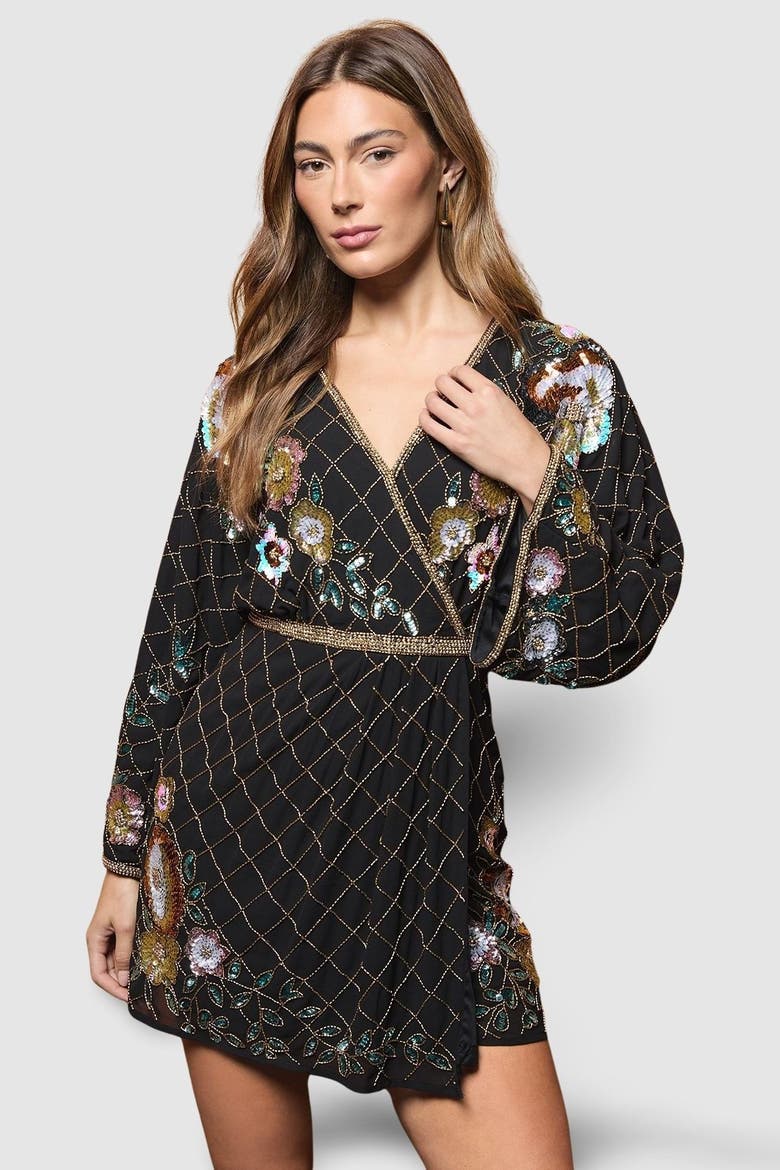 Floral Embellished Mini Dress, Main, color, Black