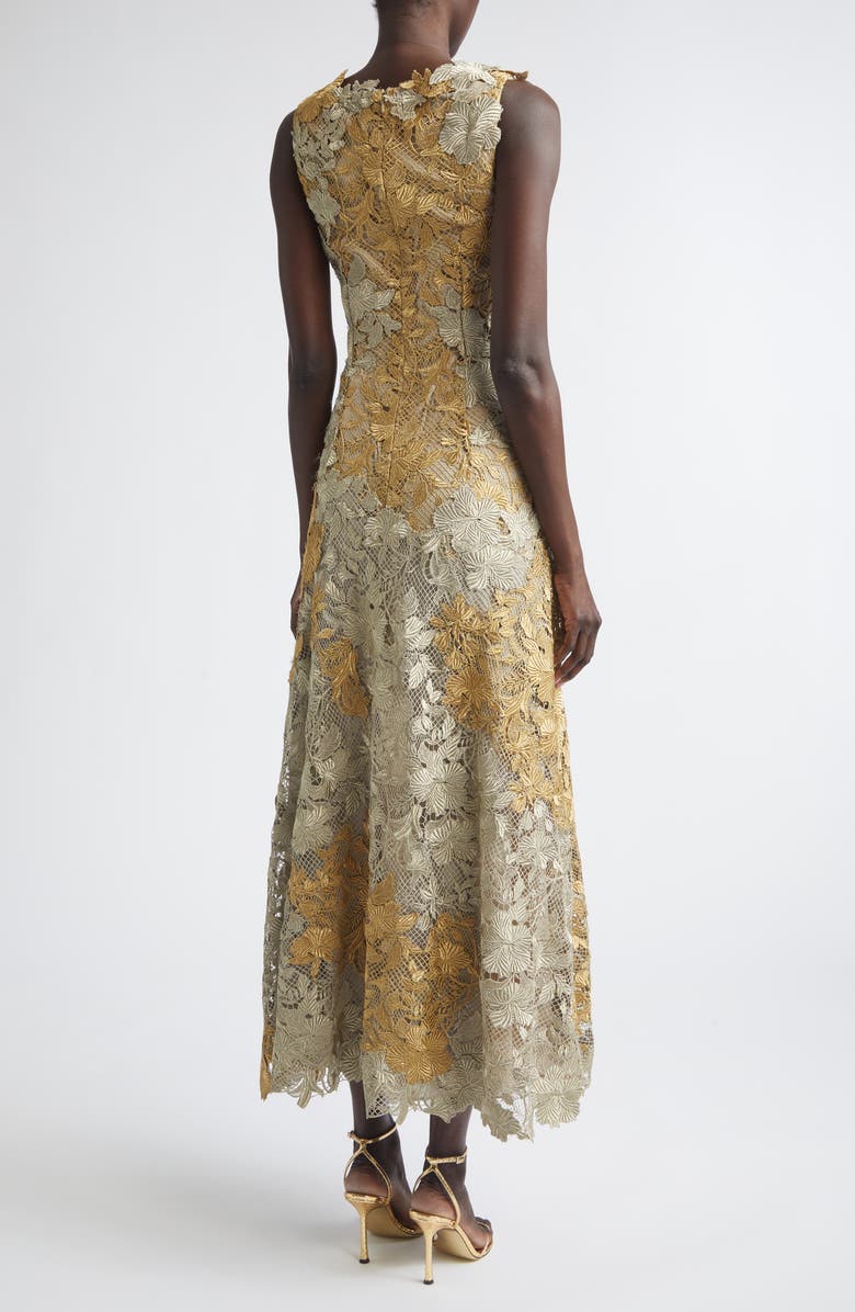 Oscar de la Renta Hibiscus Metallic Guipure Lace Midi Dress, Alternate, color, Gold/ White Gold