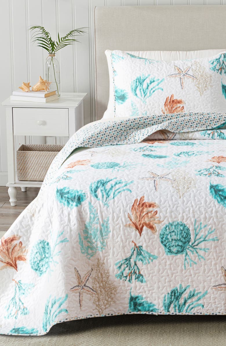 Woven & Weft Watercolor Coastal Quilt & Sham Set, Alternate, color, Coral Reef