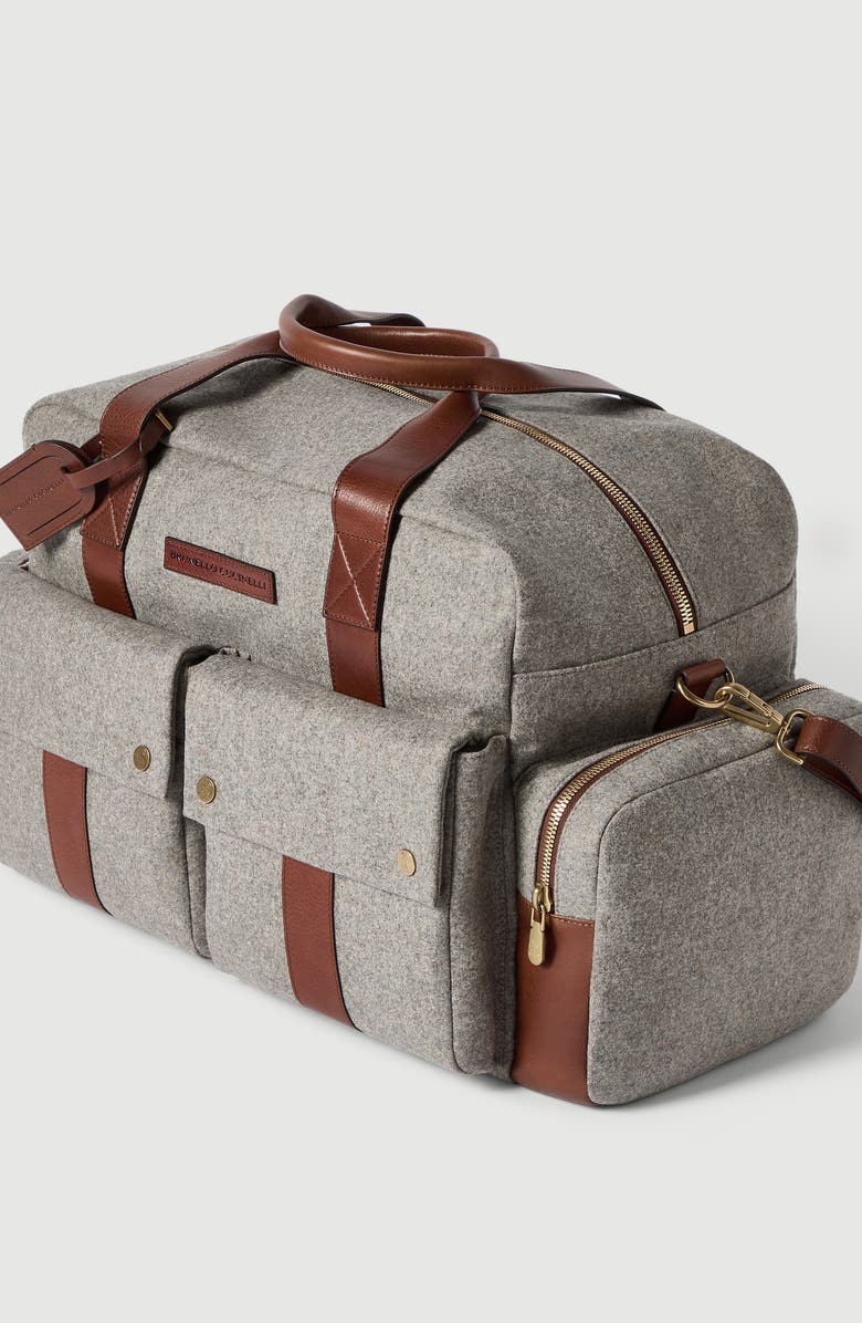 Brunello Cucinelli Virgin wool, alpaca and cashmere flannel leisure bag with grained calfskin inserts, Alternate, color, Medium Grey