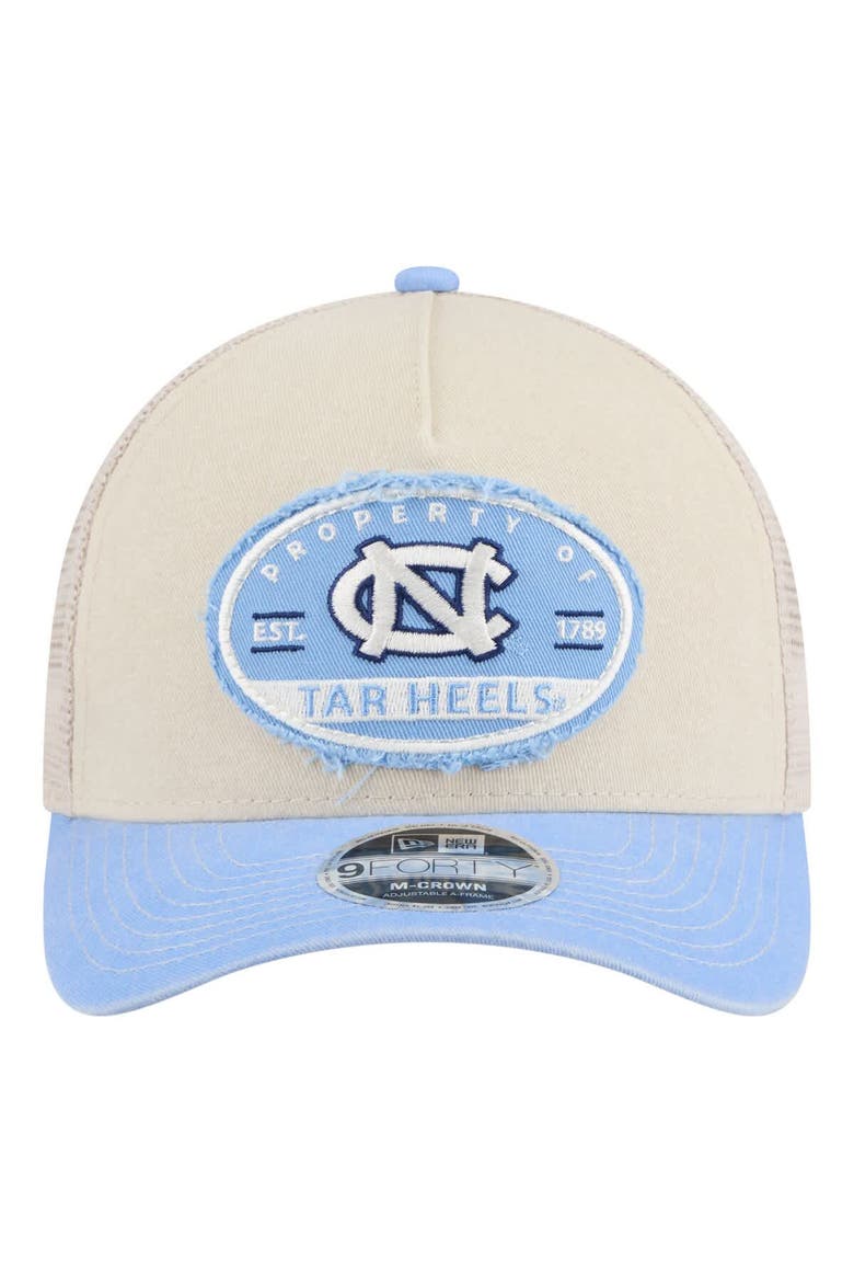 Men's New Era  Stone/Carolina Blue North Carolina Tar Heels Frayed Patch 9FORTY M-Crown A-Frame Trucker Adjustable Hat, Alternate, color, Stone
