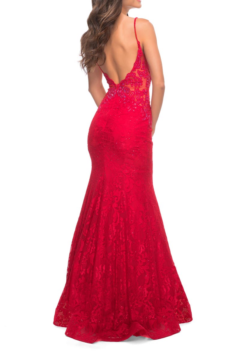 Long Mermaid Lace Dress with Back Rhinestone Detail, Alternate, color, Red
