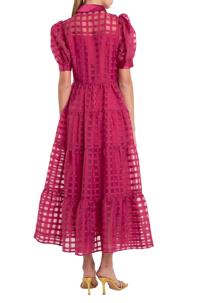 Grid Pattern Tiered Midi Shirtdress, Alternate, color, BORDEAUX