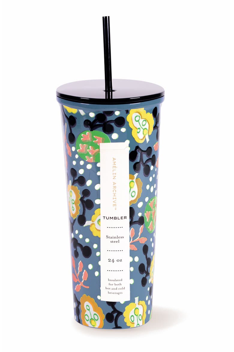 Archive Floral Stainless Steel Tumbler with Straw, Alternate, color, BLUE