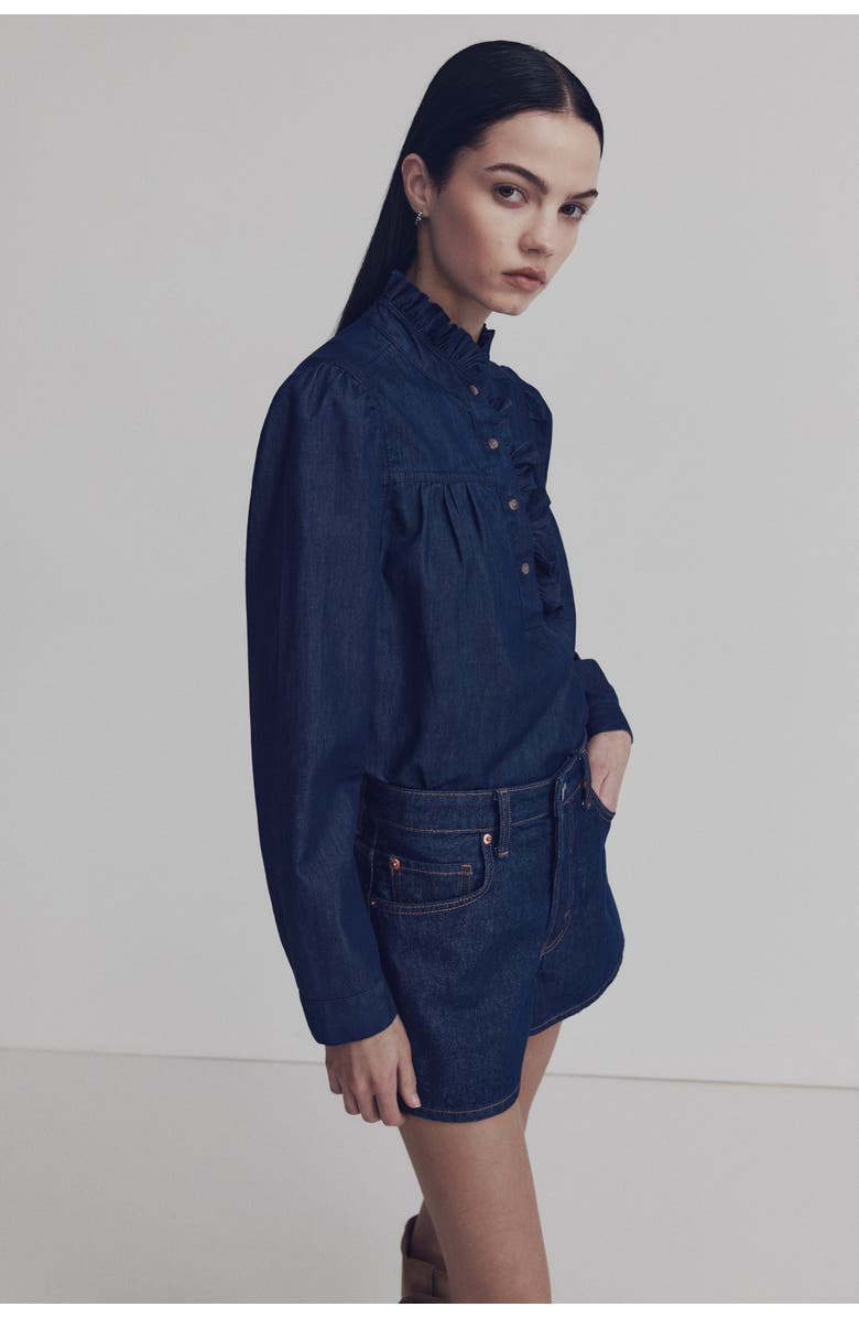 H&M Frill-collared Denim Blouse, Alternate, color, Dark Denim Blue